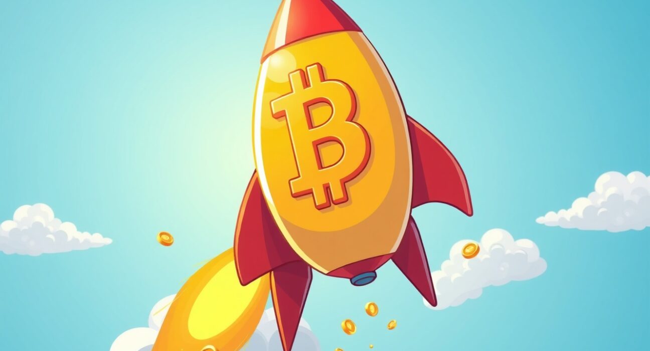 A cartoon Bitcoin rocket soaring skyward, symbolizing the stunning Bitcoin price rally above $92,000.