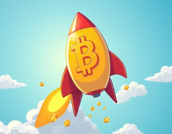 A cartoon Bitcoin rocket soaring skyward, symbolizing the stunning Bitcoin price rally above $92,000.