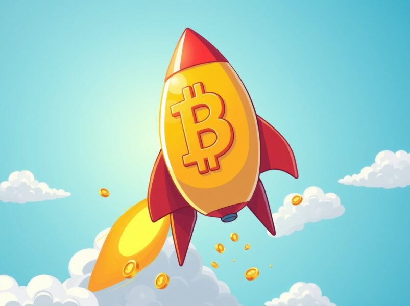 A cartoon Bitcoin rocket soaring skyward, symbolizing the stunning Bitcoin price rally above $92,000.