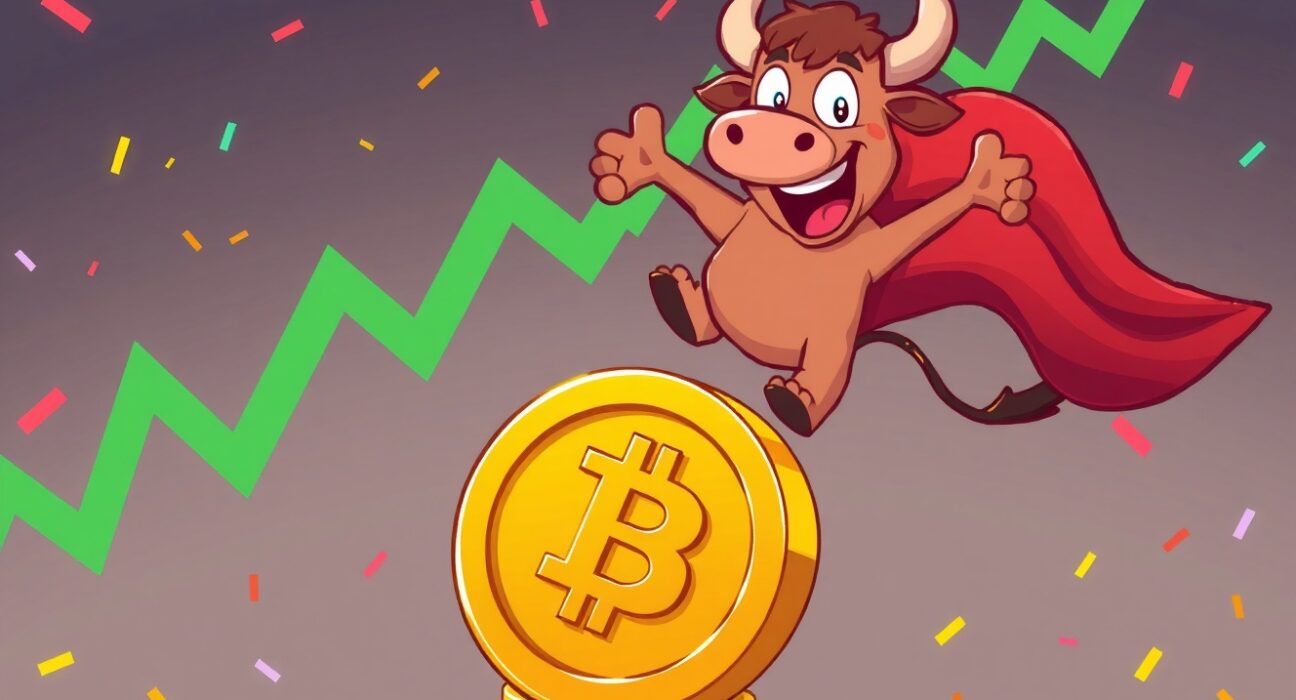 A celebratory cartoon bull leaping over a Bitcoin coin, symbolizing the dramatic Bitcoin price surge.