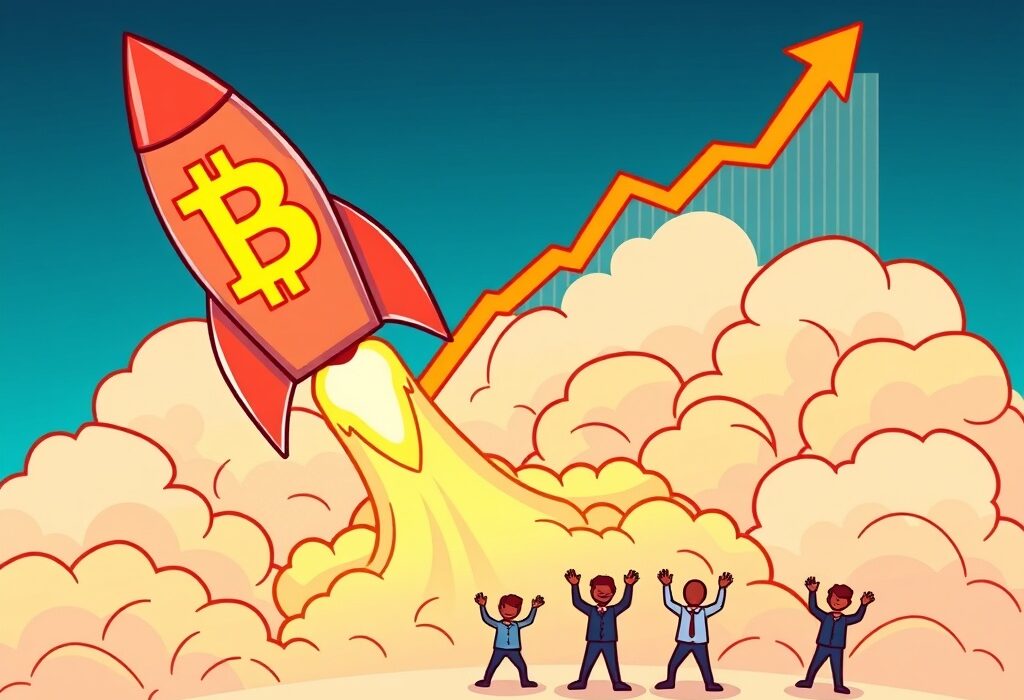 A cartoon illustration showing a rocket-like Bitcoin soaring past a $123,000 milestone, symbolizing the significant Bitcoin price surge and market excitement.