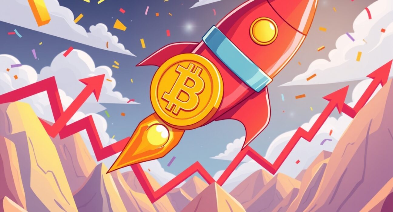 Cartoon showing a Bitcoin rocket soaring, symbolizing the current Bitcoin price surge and market excitement.
