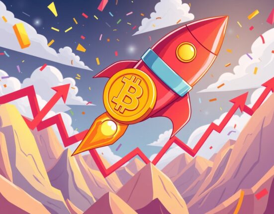 A cartoon Bitcoin rocket soaring past $116,000, symbolizing the remarkable Bitcoin price surge and market excitement.