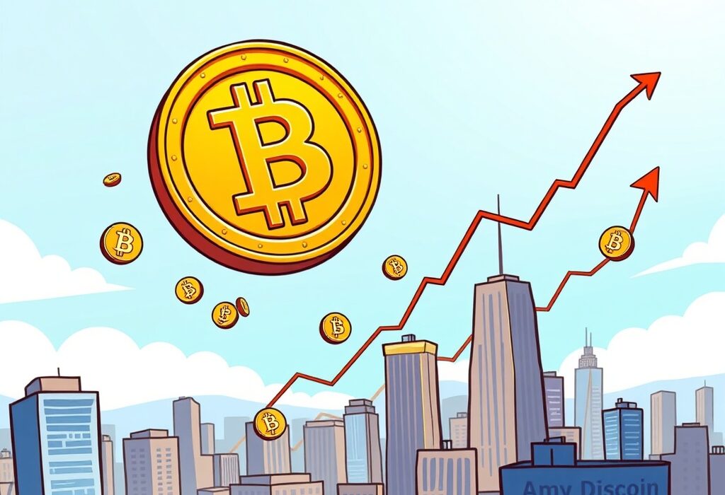 A vibrant cartoon illustration showing a Bitcoin symbol soaring high, symbolizing the impressive Bitcoin Price Surge and market optimism.