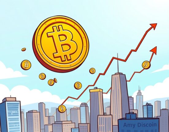 A cartoon illustration depicting a significant Bitcoin price surge, with the BTC coin ascending triumphantly over a financial landscape.