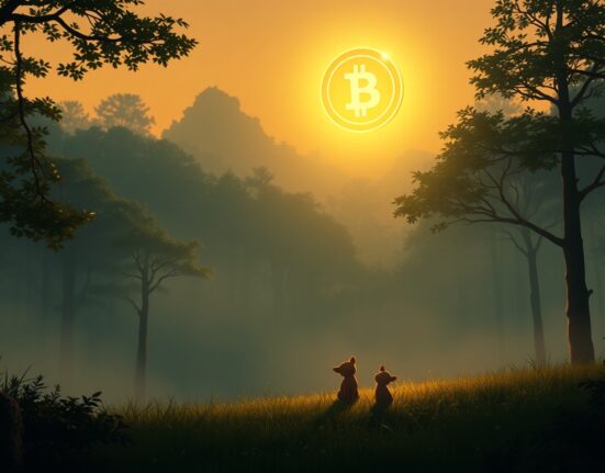 Conceptual Ghibli-style art representing a sudden Bitcoin price surge and market volatility.