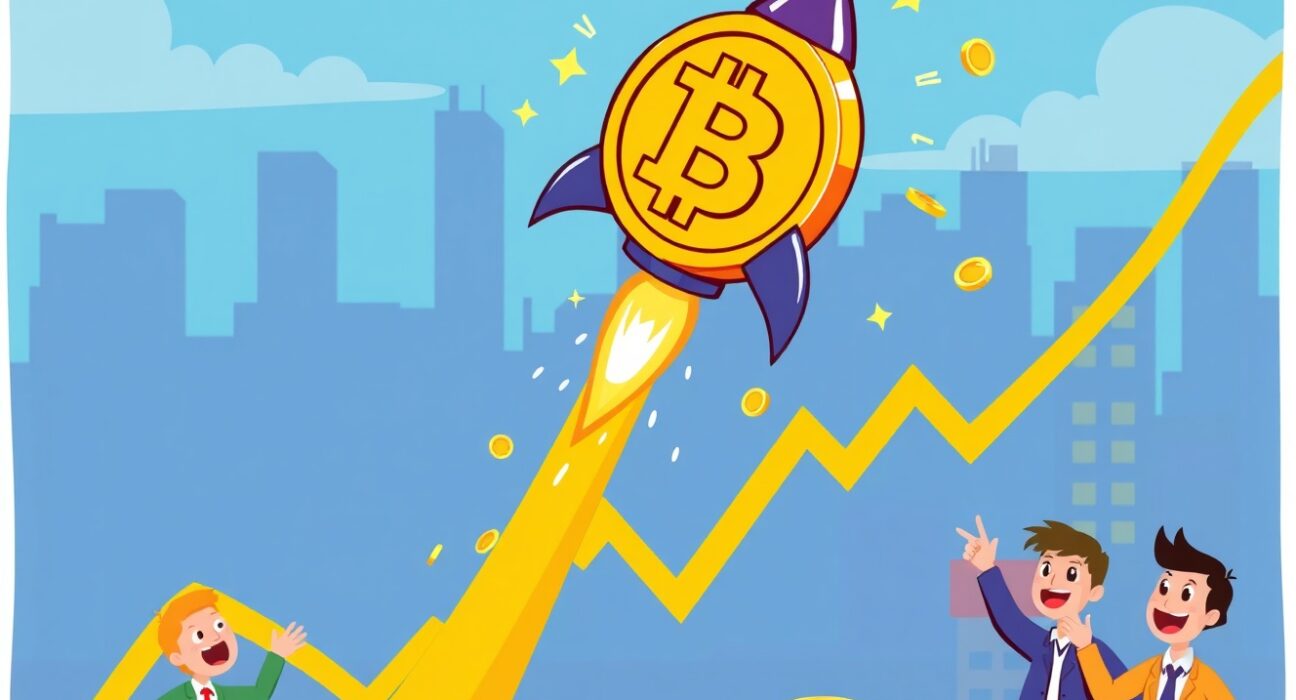 A cartoon Bitcoin rocket soaring upward, symbolizing a rapid Bitcoin price surge on a vibrant chart background.