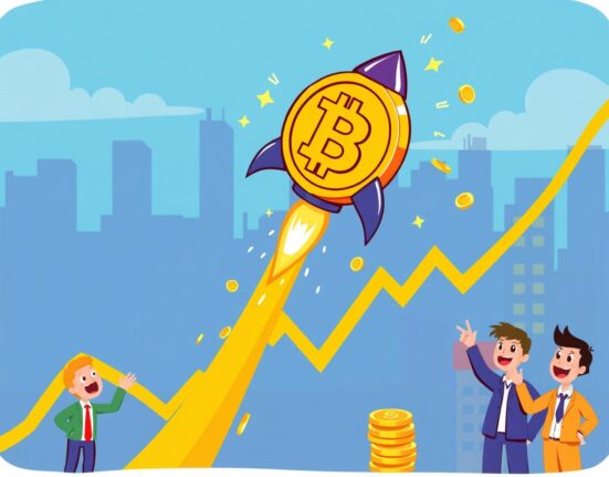 A cartoon Bitcoin rocket soaring upward, symbolizing a rapid Bitcoin price surge on a vibrant chart background.
