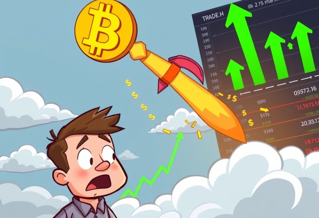 Cartoon showing a Bitcoin rocket illustrating a rapid Bitcoin price surge, exciting traders.