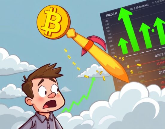 Cartoon showing a Bitcoin rocket illustrating a rapid Bitcoin price surge, exciting traders.