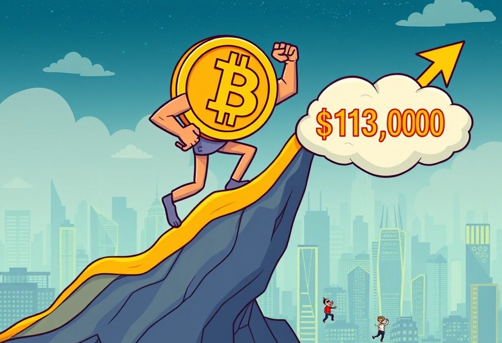 A cartoon illustration showing a Bitcoin price surge, with BTC rocketing past the $113,000 mark, symbolizing market growth.