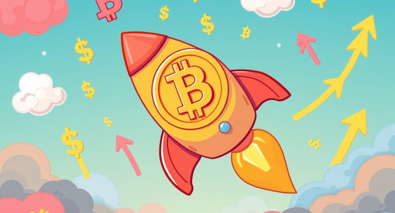 A cartoon illustration showing the Bitcoin price surge, with BTC breaking through a $112,000 barrier, symbolizing a significant market milestone.