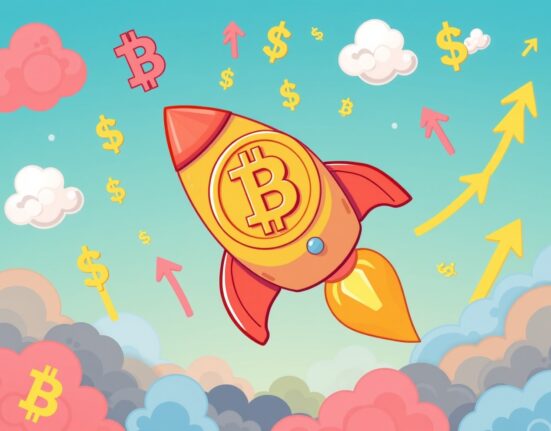 A vibrant cartoon illustration depicting a significant Bitcoin price surge, with the BTC symbol rising above $122,000, conveying market excitement.