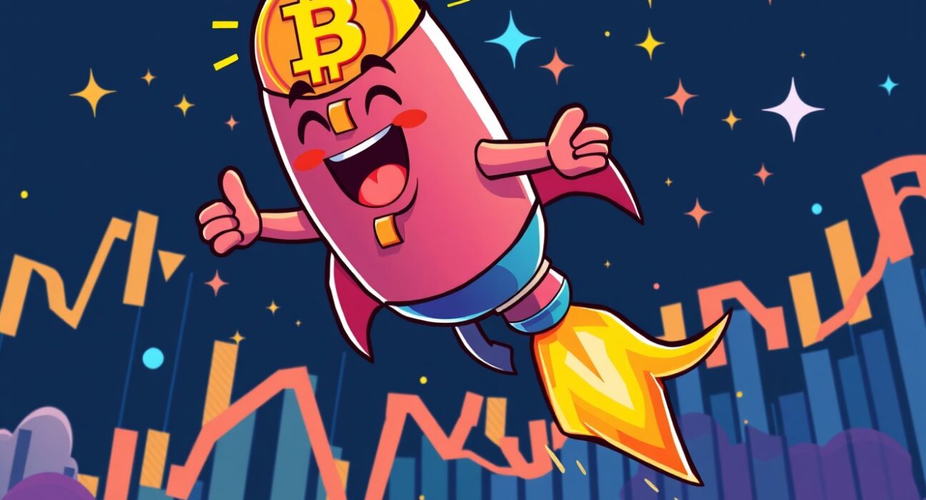 Bitcoin price surge illustrated as rocket coin ascending through financial charts