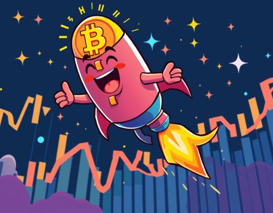 Bitcoin price surge illustrated as rocket coin ascending through financial charts