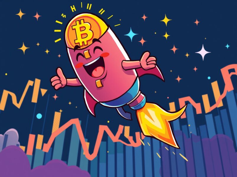 Bitcoin price surge illustrated as rocket ascending through financial charts with dynamic energy