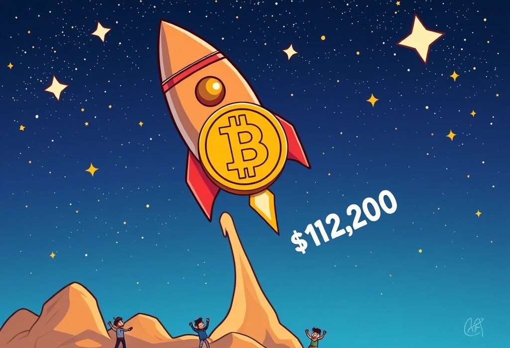 Cartoon depicting a Bitcoin price surge, showing a BTC rocket flying past $112,000, symbolizing market growth and excitement.