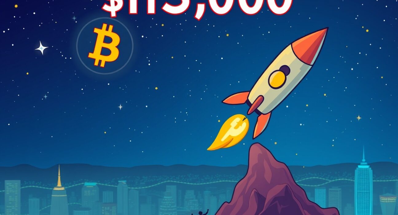 A cartoon rocket representing Bitcoin blasts past $113,000, illustrating the powerful Bitcoin price surge and market excitement.