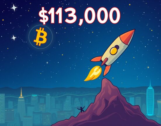 A cartoon rocket representing Bitcoin blasts past $113,000, illustrating the powerful Bitcoin price surge and market excitement.