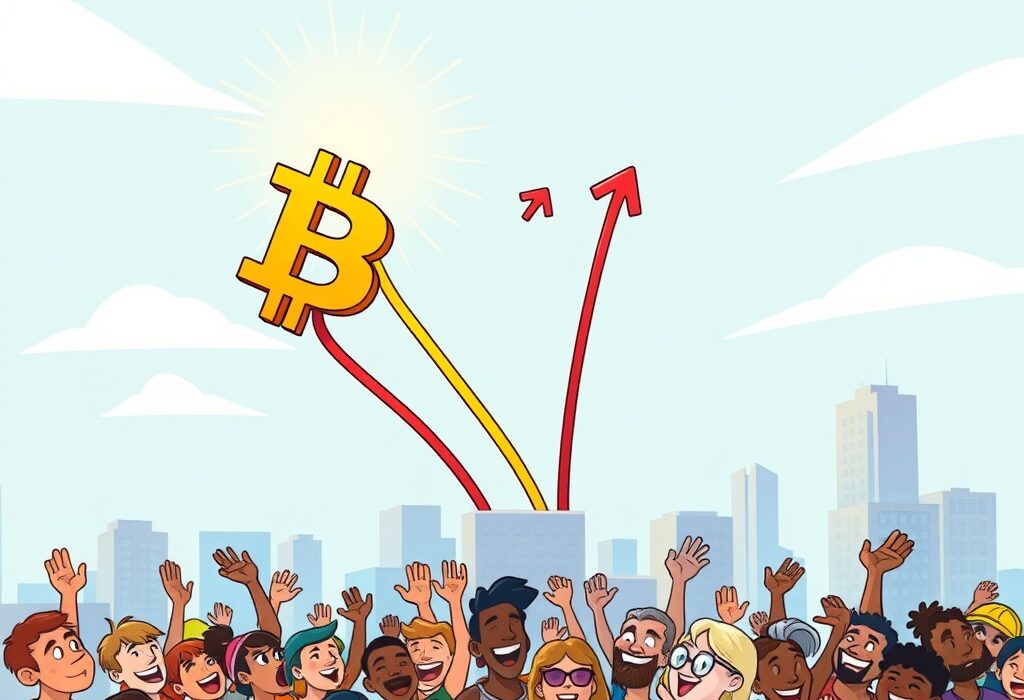 A cartoon illustration showing a Bitcoin symbol experiencing a significant Bitcoin price surge, flying high above the market.