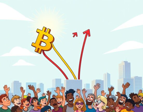 A cartoon illustration showing a Bitcoin symbol experiencing a significant Bitcoin price surge, flying high above the market.