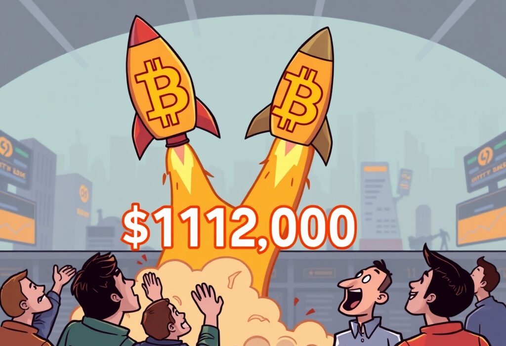 A cartoon Bitcoin symbol dramatically rises, illustrating the significant Bitcoin price surge above $124,000 and the broader cryptocurrency rally.