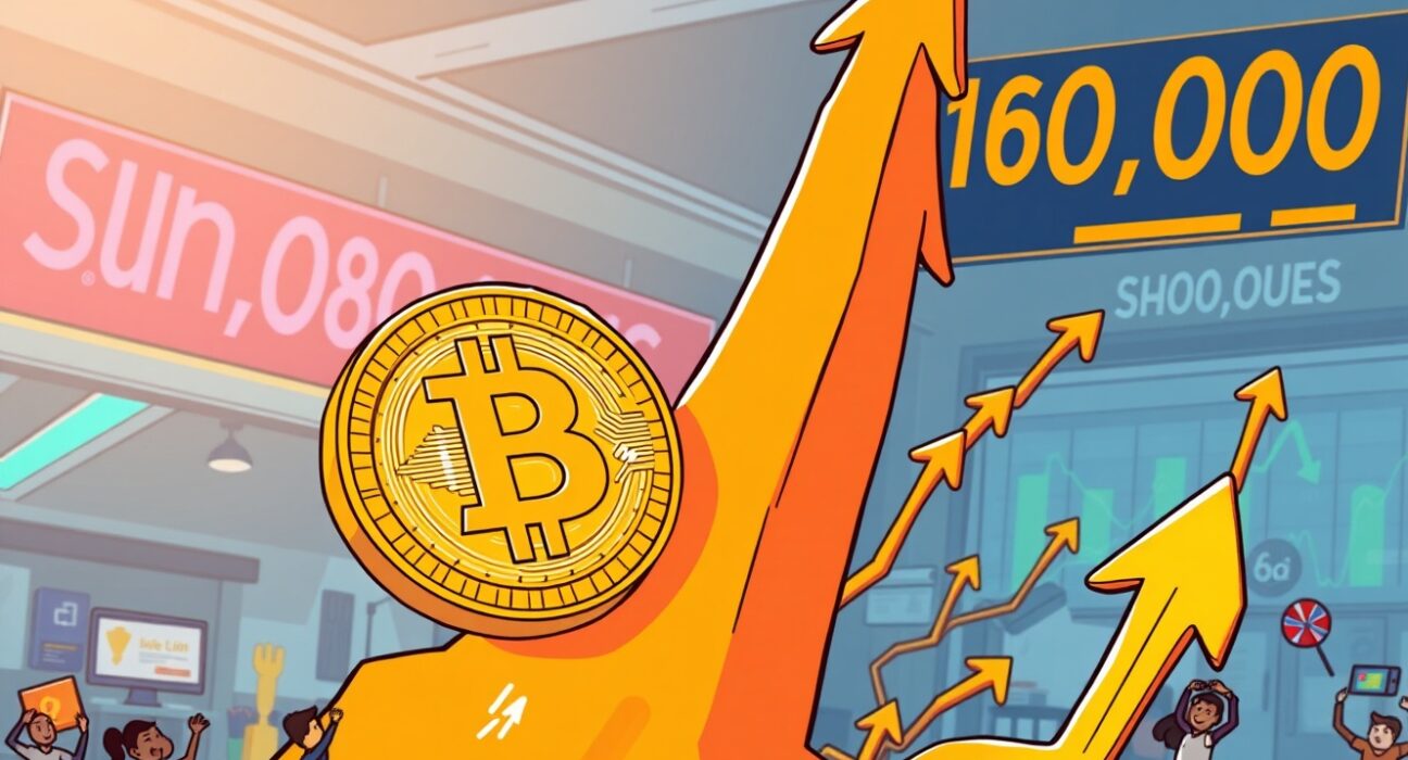 A cartoon illustration showing a Bitcoin price surge, with a BTC coin flying high above a $108,000 milestone, representing market excitement.