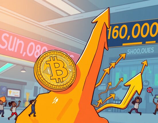 A cartoon Bitcoin symbol dramatically rises, illustrating the significant Bitcoin price surge above $124,000 and the broader cryptocurrency rally.