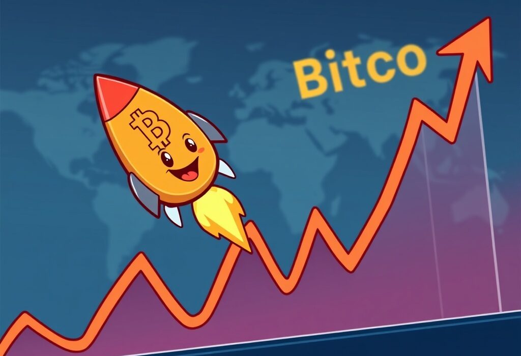 A cartoon illustration showing a rapid Bitcoin price surge on a chart, symbolizing quick market movement.