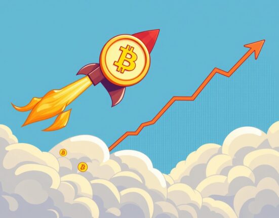 A cartoon illustration showing a rapid Bitcoin price surge on a chart, symbolizing quick market movement.