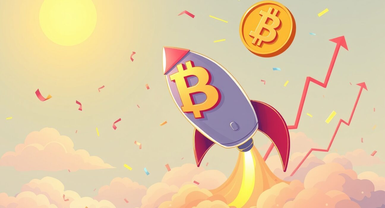 Bitcoin price surge illustrated as rocket reaching new heights in cryptocurrency market