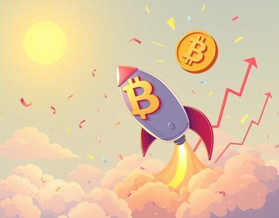 Bitcoin price surge celebration with rocket-shaped cryptocurrency soaring through clouds