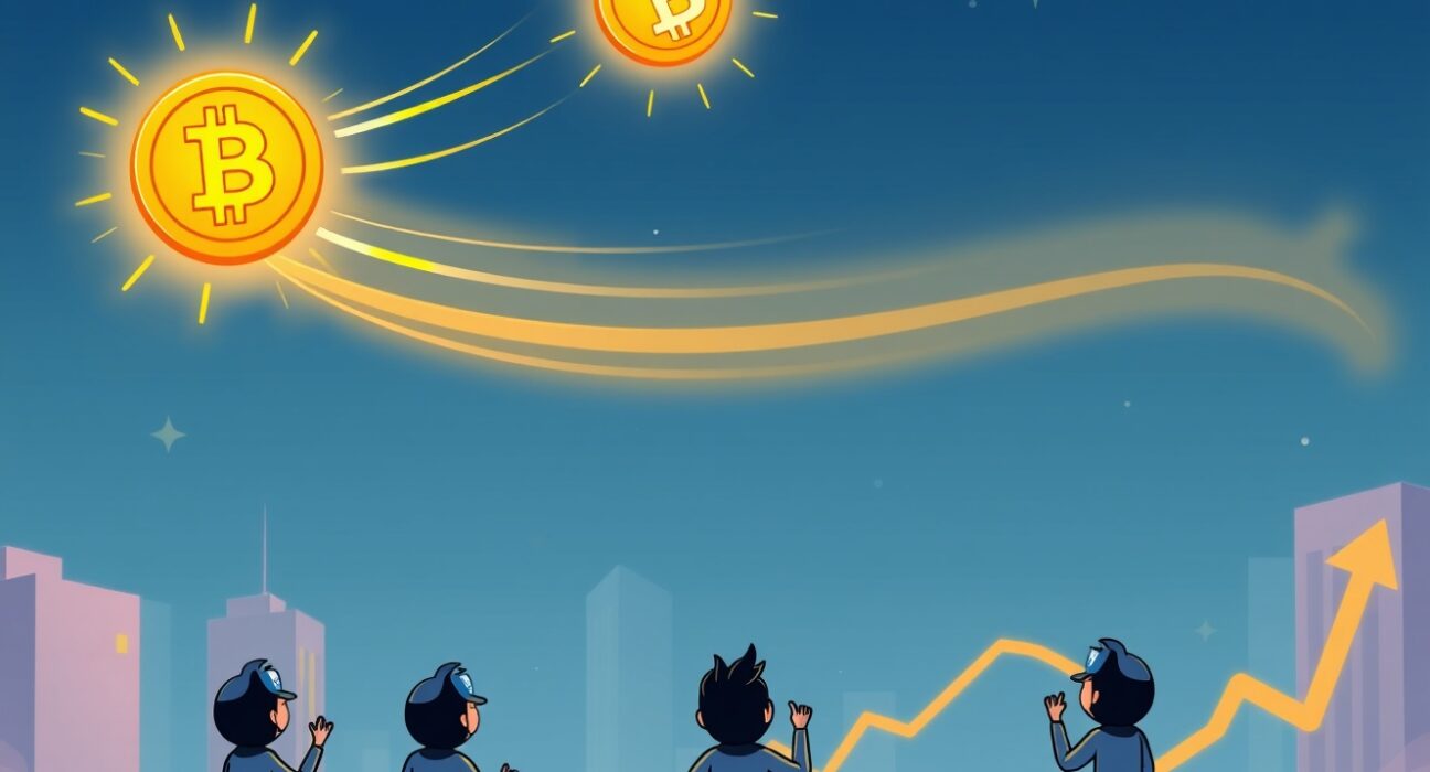 A cartoon Bitcoin soaring above a city, representing the significant Bitcoin price surge above $110,000 and market excitement.