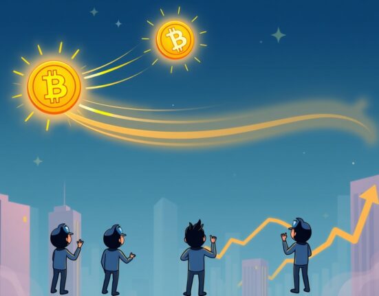 A cartoon Bitcoin soaring above a city, representing the significant Bitcoin price surge above $110,000 and market excitement.