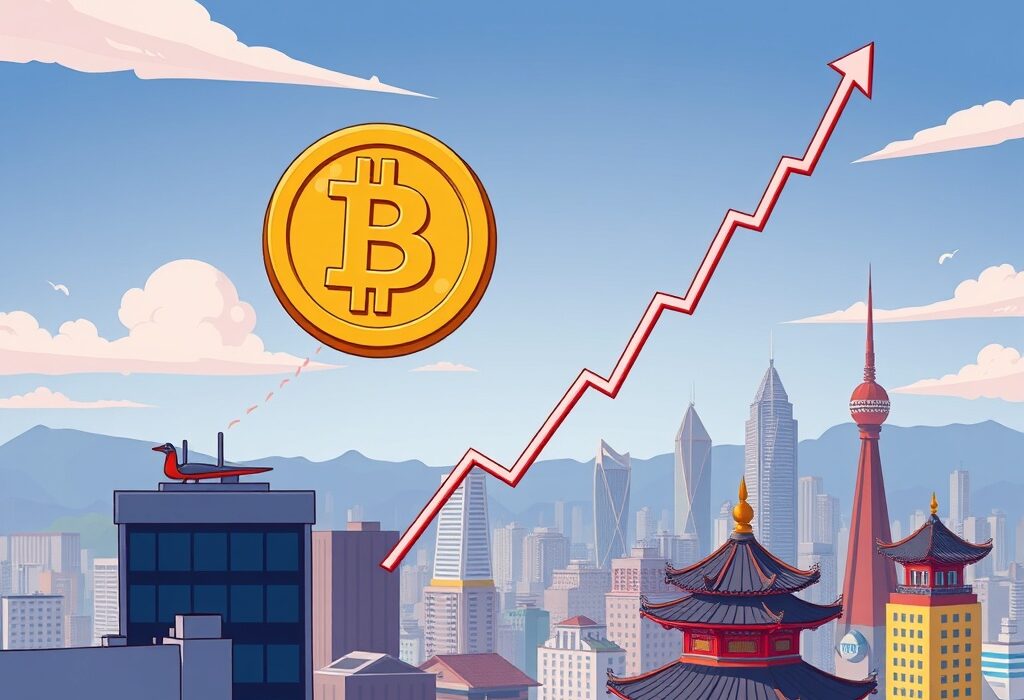 Cartoon illustration showing a soaring Bitcoin price surge, representing its astounding new all-time high on the Upbit exchange.