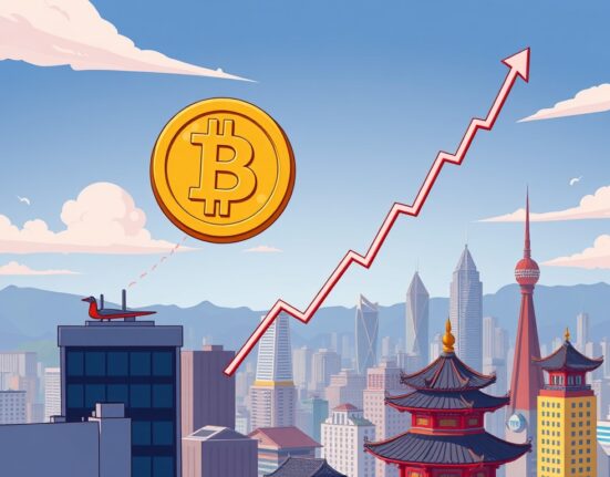 Cartoon illustration showing a soaring Bitcoin price surge, representing its astounding new all-time high on the Upbit exchange.