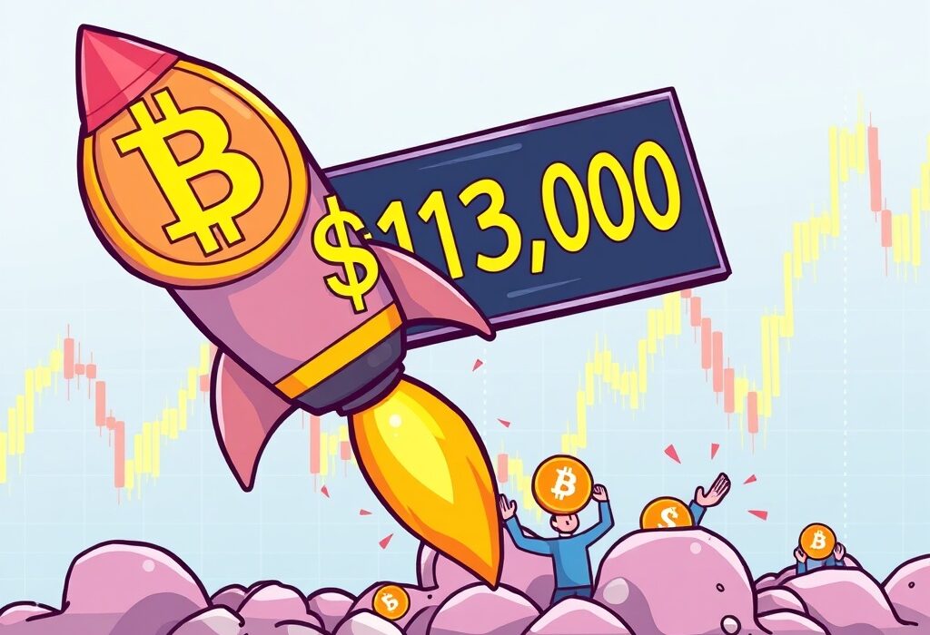 Cartoon illustration showing a Bitcoin coin soaring, representing the significant Bitcoin price surge above $118,000 and its market impact.