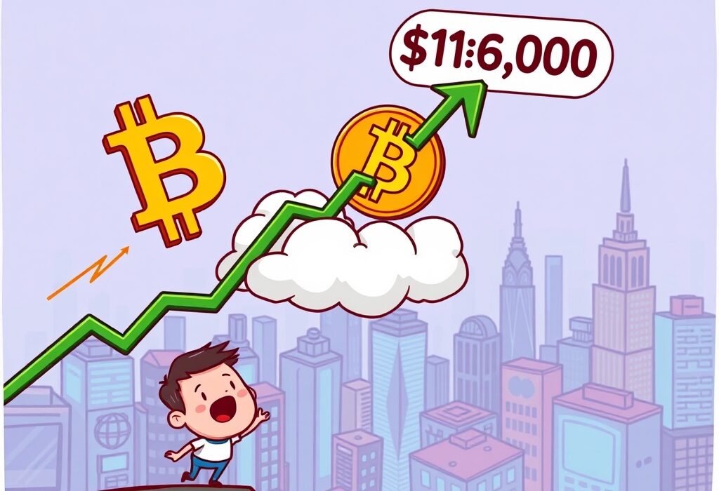 Cartoon illustration showing the Bitcoin price dramatically rising above $116,000, symbolizing strong market growth and investor optimism.