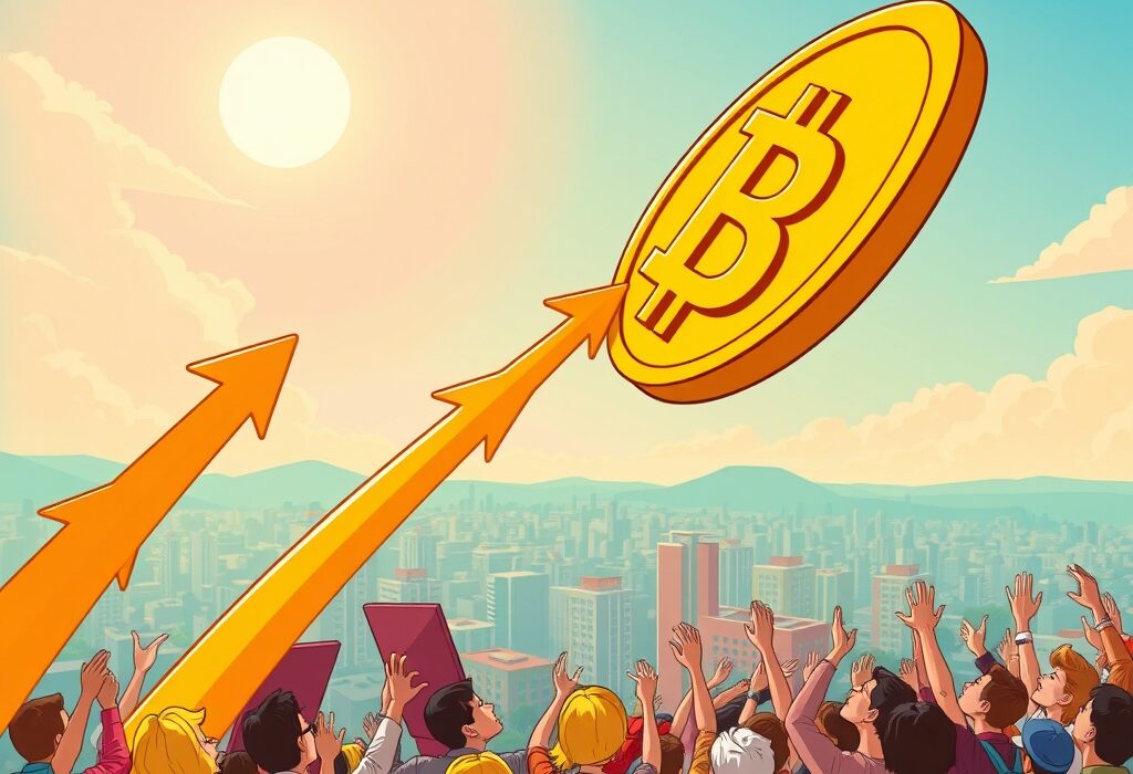 A cartoon illustration depicting the significant rise in Bitcoin price, symbolizing market optimism and growth.