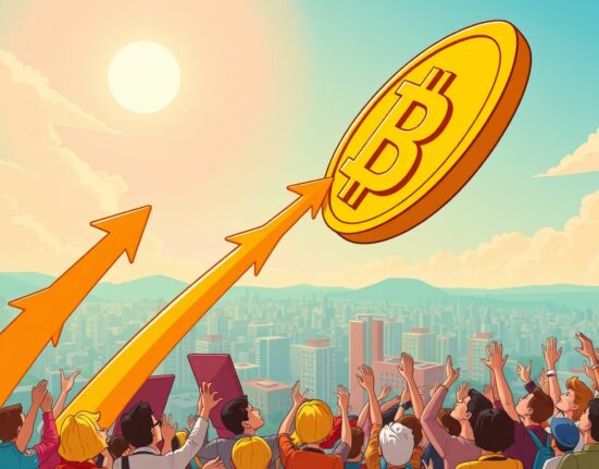 A cartoon illustration depicting the significant rise in Bitcoin price, symbolizing market optimism and growth.