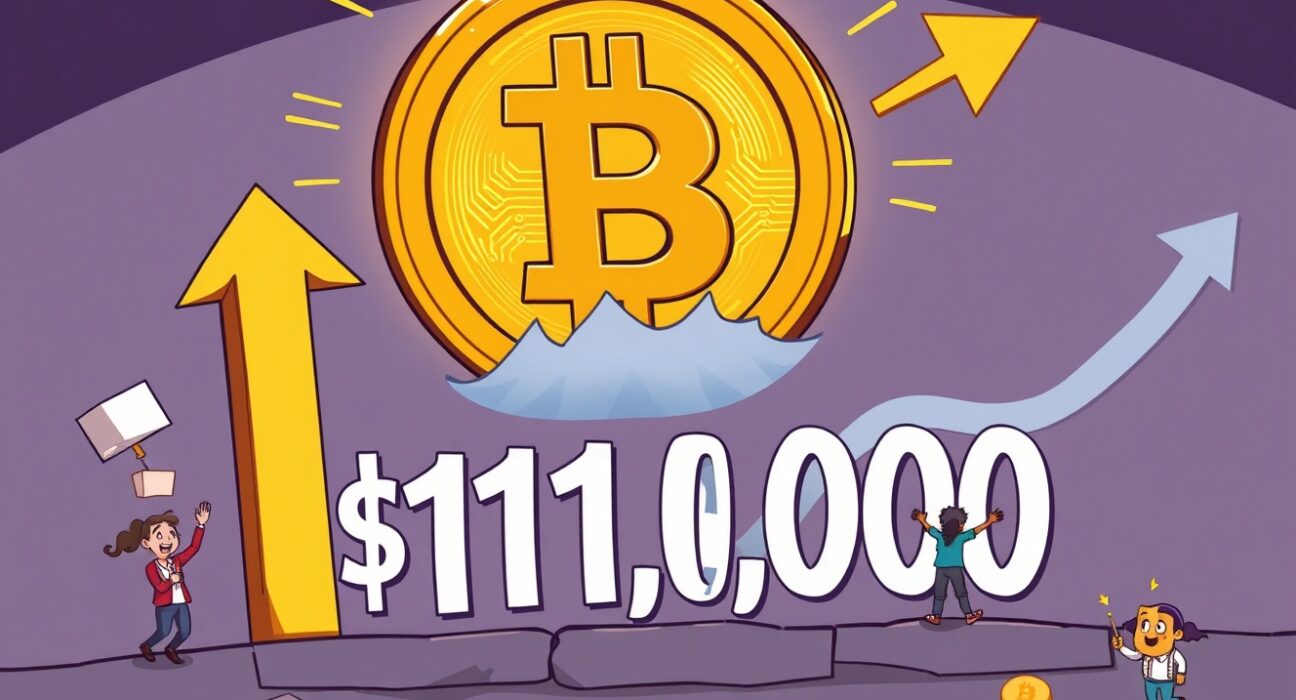 A cartoon Bitcoin symbol soaring past a $111,000 barrier, representing the rising Bitcoin price and market optimism.