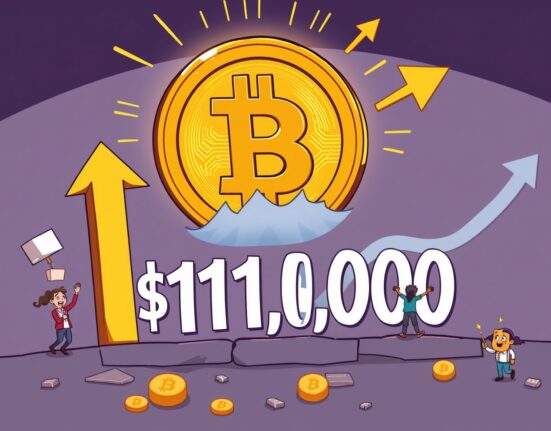 A cartoon Bitcoin symbol soaring past a $111,000 barrier, representing the rising Bitcoin price and market optimism.