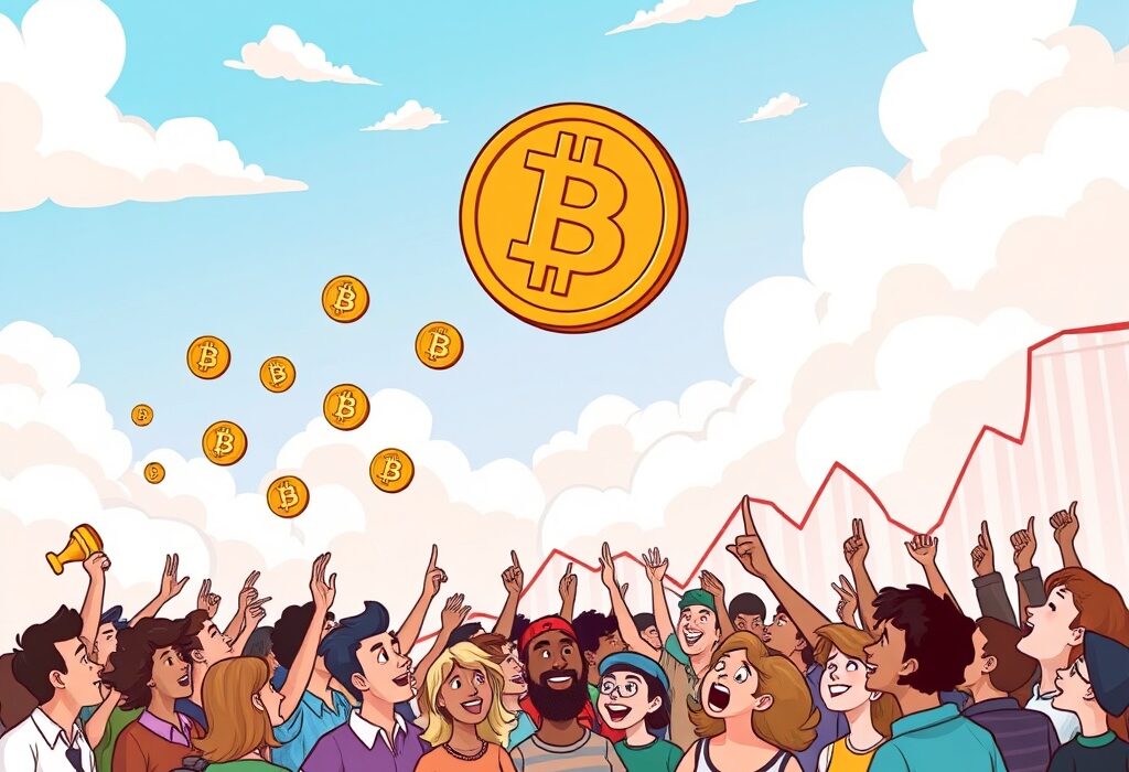 A cartoon illustration showing the Bitcoin price rising significantly, symbolizing growth and positive market sentiment.