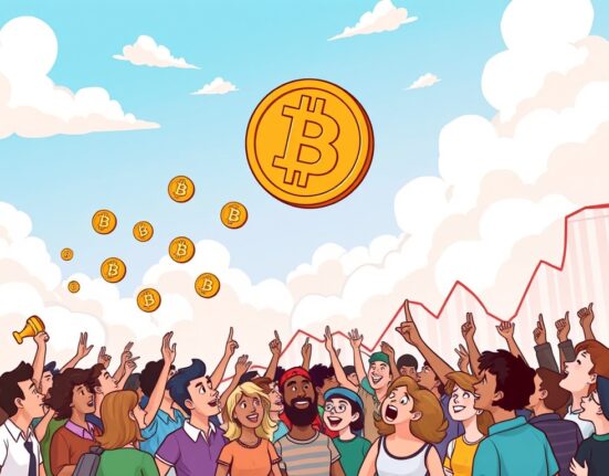 A cartoon illustration showing the Bitcoin price rising significantly, symbolizing growth and positive market sentiment.