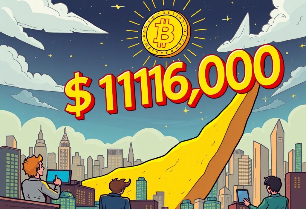 A cartoon illustration showing the Bitcoin price reaching new heights, symbolizing market excitement and growth.