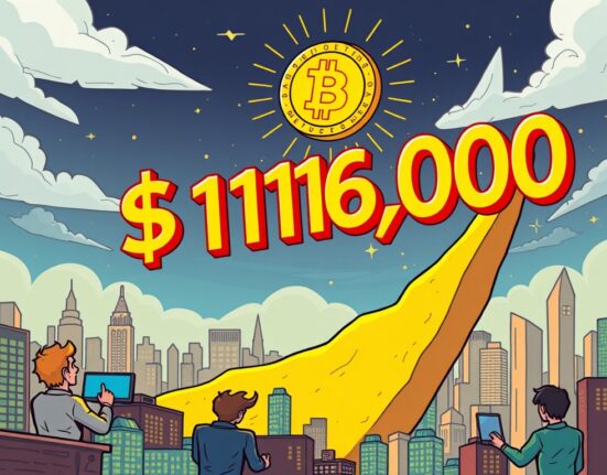 A cartoon illustration showing the Bitcoin price reaching new heights, symbolizing market excitement and growth.
