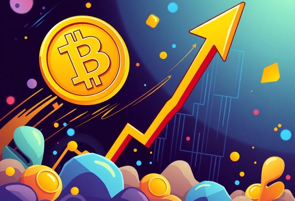 Cartoon showing a soaring Bitcoin coin, symbolizing the significant Bitcoin price surge and market optimism.