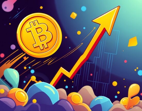 Cartoon showing a soaring Bitcoin coin, symbolizing the significant Bitcoin price surge and market optimism.