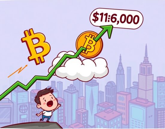 Cartoon illustration showing the Bitcoin price dramatically rising above $116,000, symbolizing strong market growth and investor optimism.