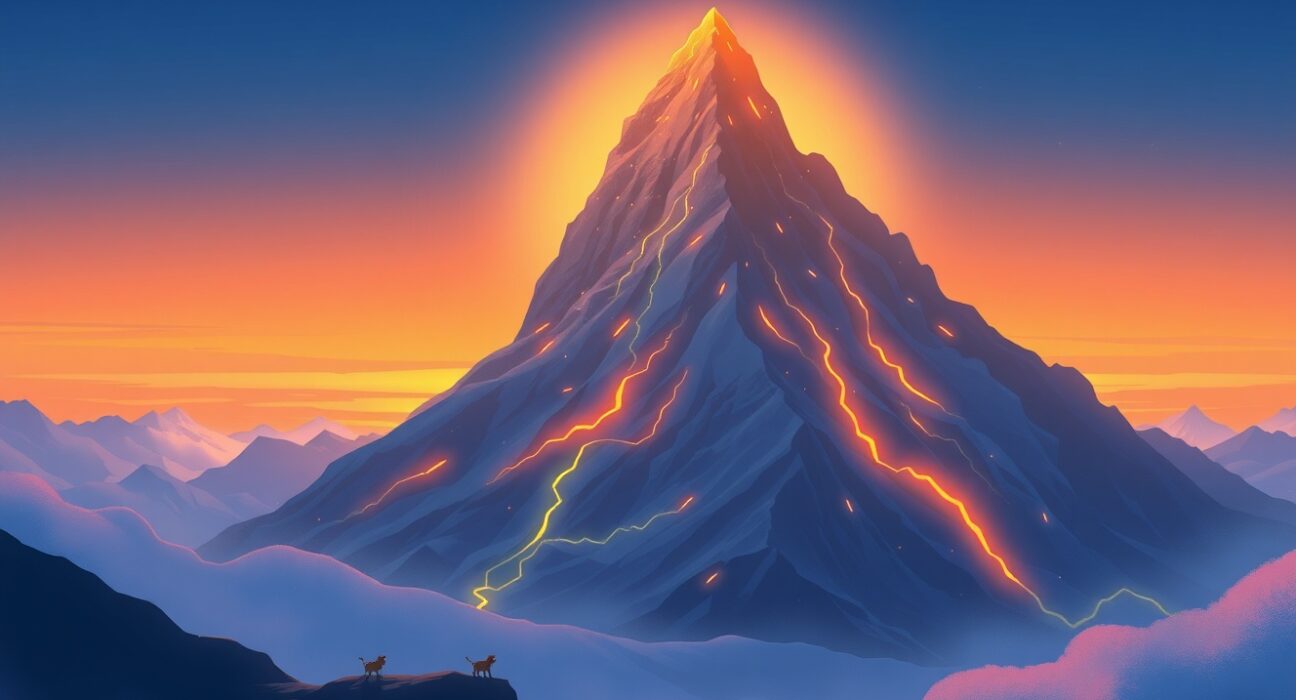 Bitcoin reaching a new price milestone above $68,000 represented as a glowing digital mountain.